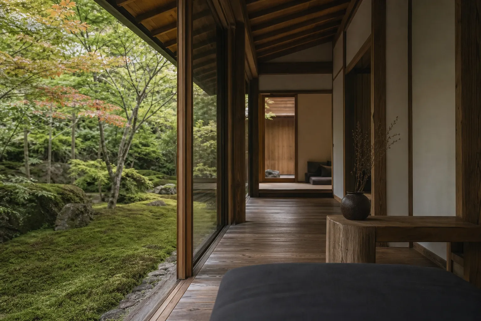 苔庭に開いた縁側のある室内