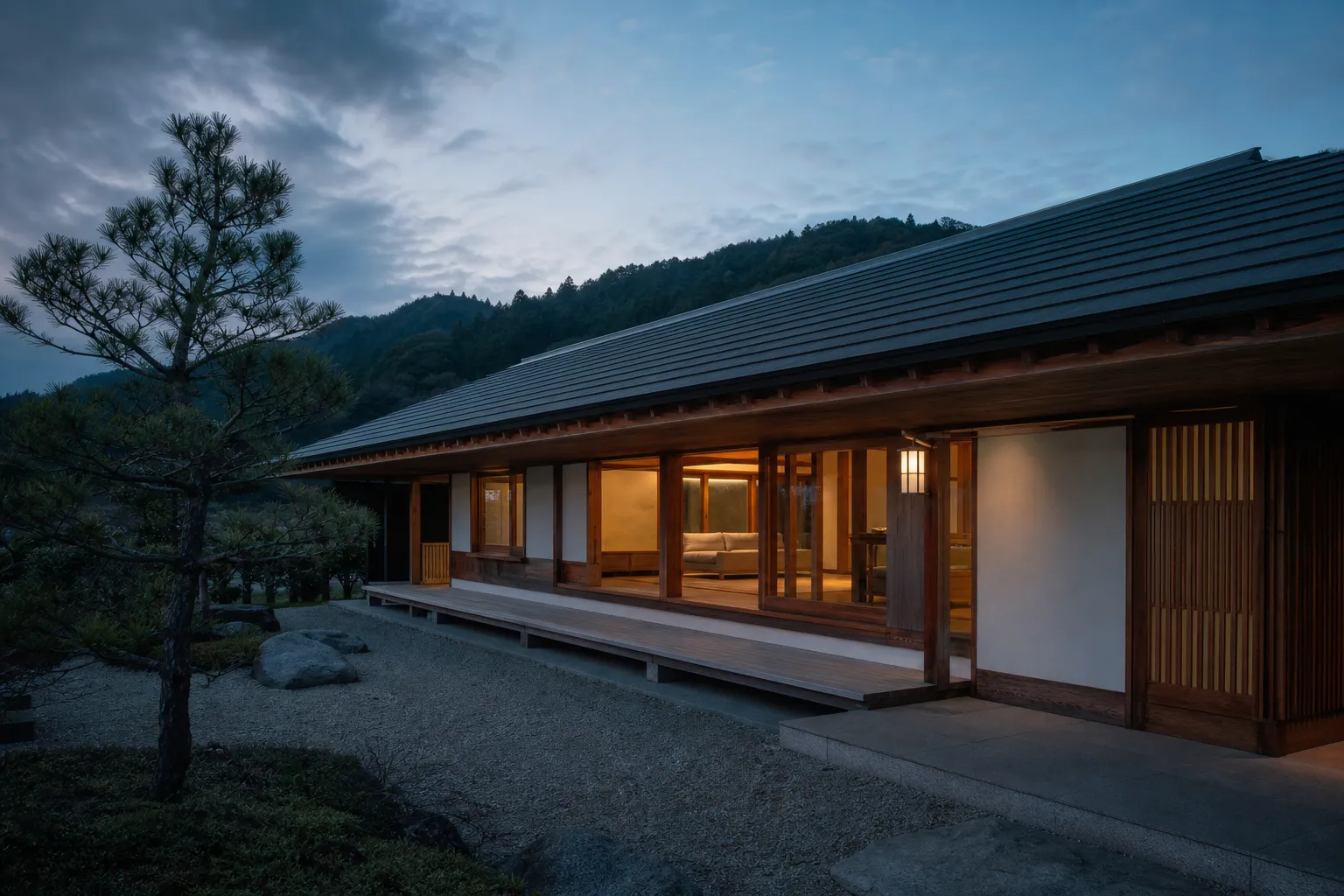 夕暮れに灯りがともる平屋の外観
